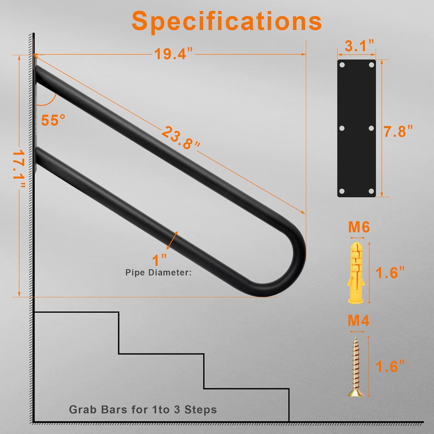 U-Shaped Hand Rails for Outdoor Steps, Heavy-Duty Non-Slip Stair Railing for 1-3 Indoor Stairs & Exterior Steps, Wall Mounted Metal Handrail for Seniors, Kids, Pregnant Women, 2 Pack