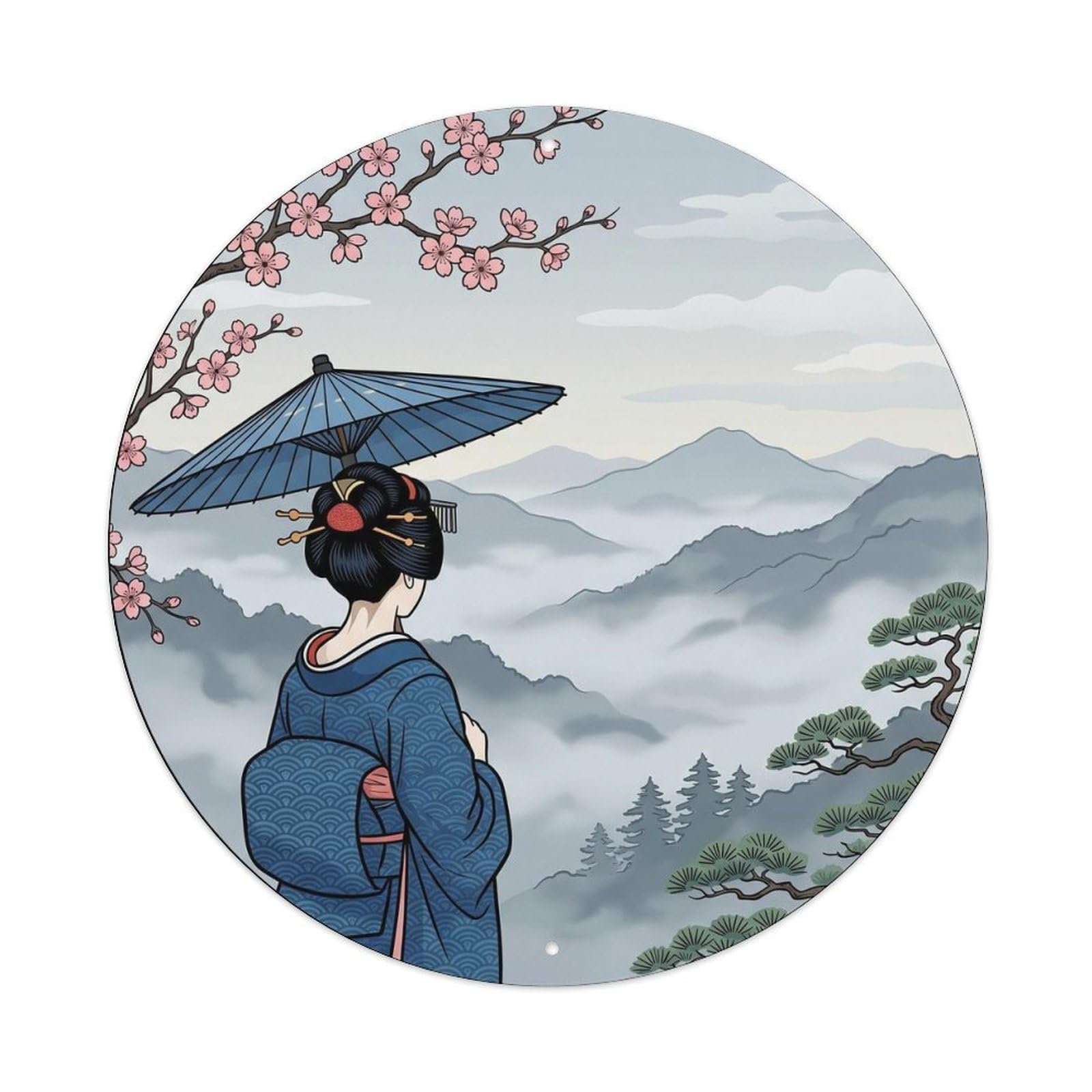 Galvaxio Style Japanese Kimono Woman Morning Mist Valley Serene View Metal Tin Sign
