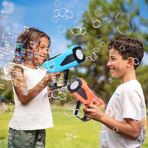 Miniatura 4 de Paquete de 2 pistolas automáticas de burbujas con luz y 8 agujeros para niños y adultos, juguete de verano, regalos de fiesta, regalo de cumpleaños,