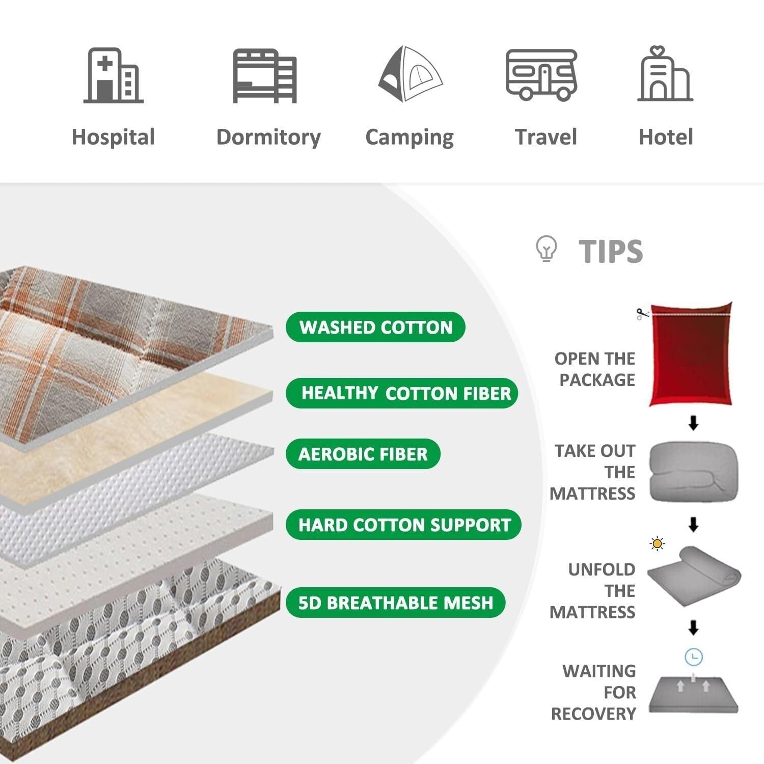 Materasso futon pieghevole portatile con cuscini traspiranti materasso per ospiti ispessito per letti singoli e matrimoniali, design giapponese trapuntato
