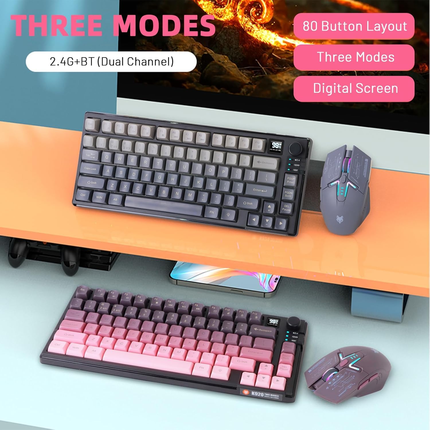 Juego de teclado y mouse inalámbricos para juegos, teclado mecánico + ratones 3D de 1600 DPI, batería de 2000 mAh, teclado retroiluminado RGB con 80 teclas, teclado para computadora o portátil (rosa