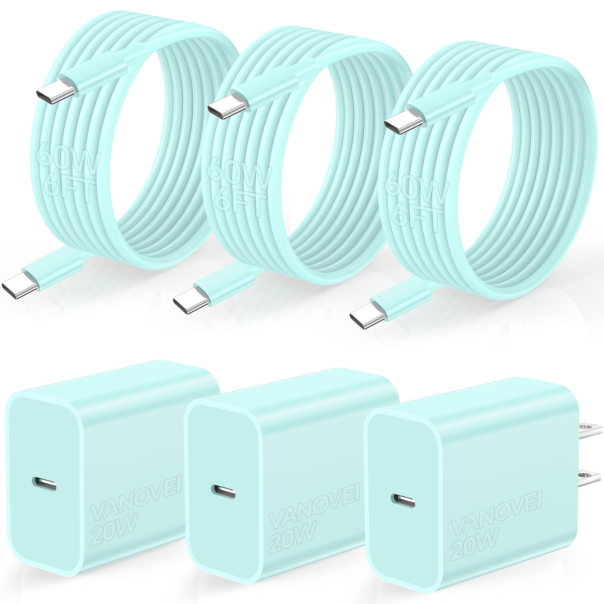 for iPhone USB C Charger Fast Charging, 3Pack 20W USB C Charger Block with 60W USB C to C Cable 6FT, USB C Charger Cord Compatible with iPhone 15 Plus/Pro Max/Pad Pro/Samsung S23/Android Charger Blue