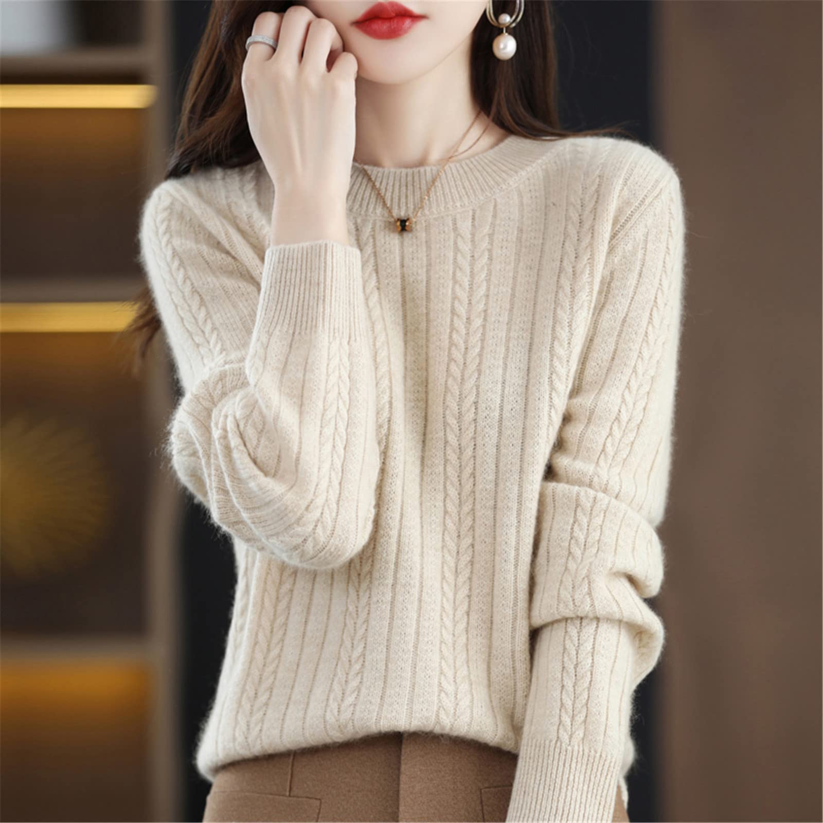 Suéter de cachemira para mujer, cuello redondo, suéter de otoño e invierno, nudo superior, suéter de lana engrosada, Camello dorado, S