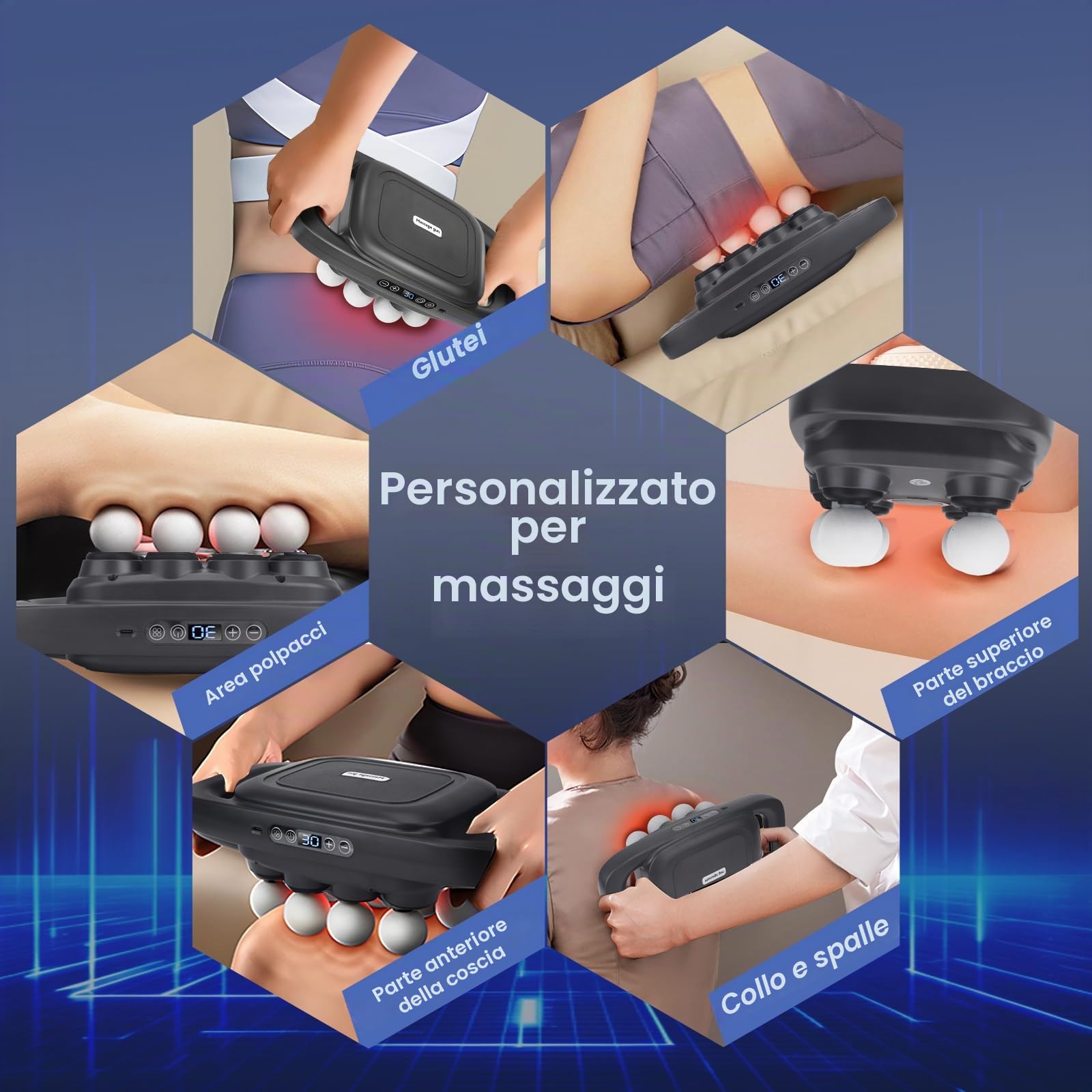 Pistola massaggiante a 8 teste, massaggiatore a 30 velocità regolabili e 3 modalità di massaggio, pistola massaggiante elettrica con luce rossa per schiena, nuca, gambe, cosce, spalle e piedi (2)