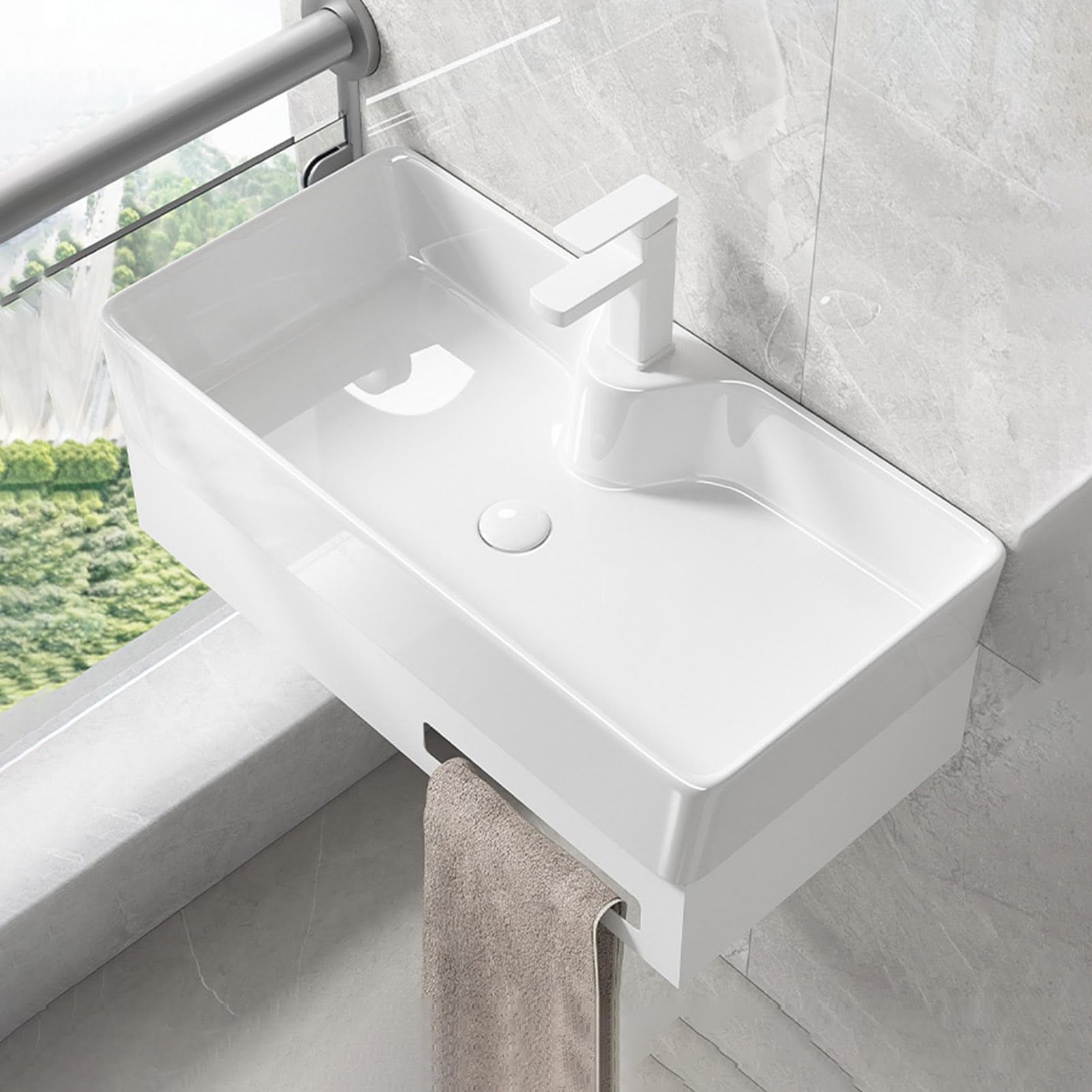 Narożna toaletka łazienkowa, umywalka łazienkowa, montowana na ścianie, ceramiczna prostokątna umywalka łazienkowa na naczynie, małe umywalki do małych łazienek, biała, 48,5 cm/19,1 cala, 50