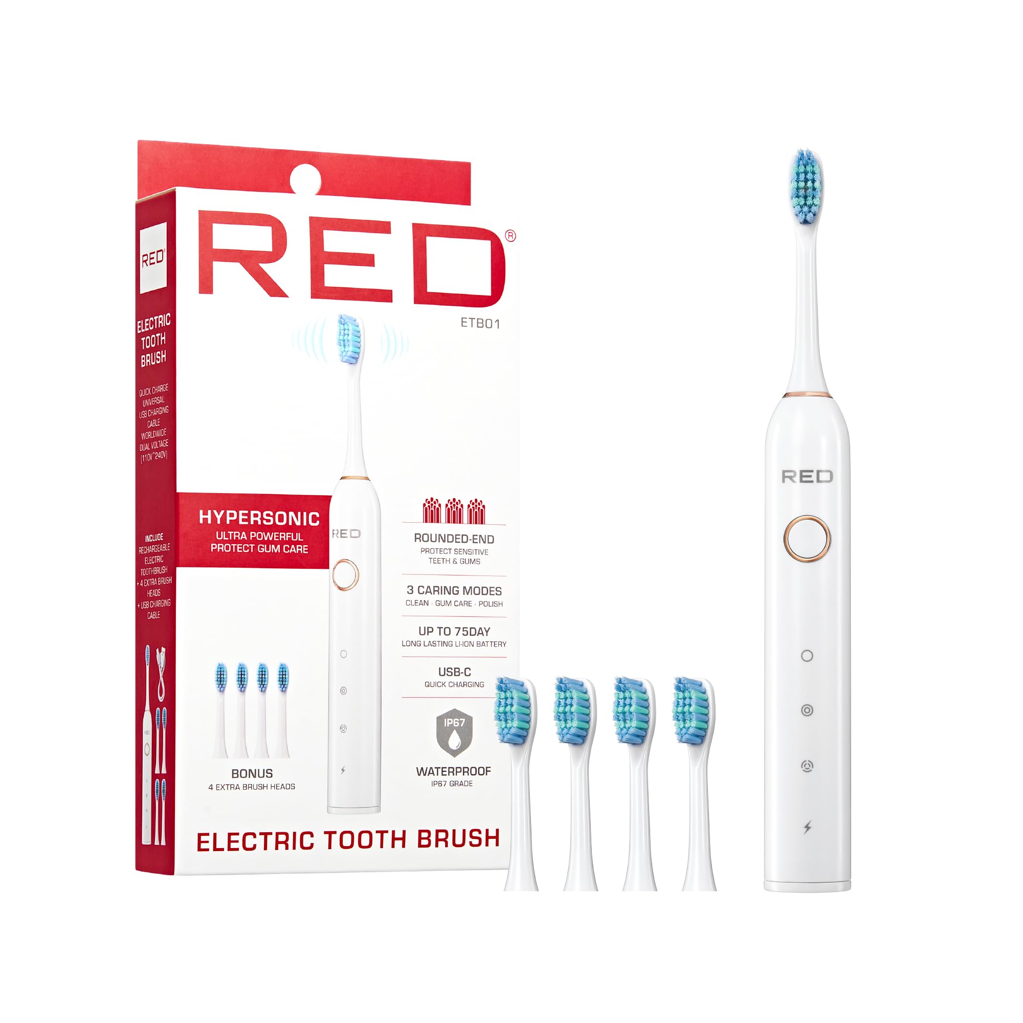Red by Kiss Hypersonic Ultra Powerful Electric Toothbrush – 3 Cleaning Modes, Gum Care Protection, 75-Day Battery, USB-C Fast Charging, Waterproof IP67 with Extra Brush Head Set (White)