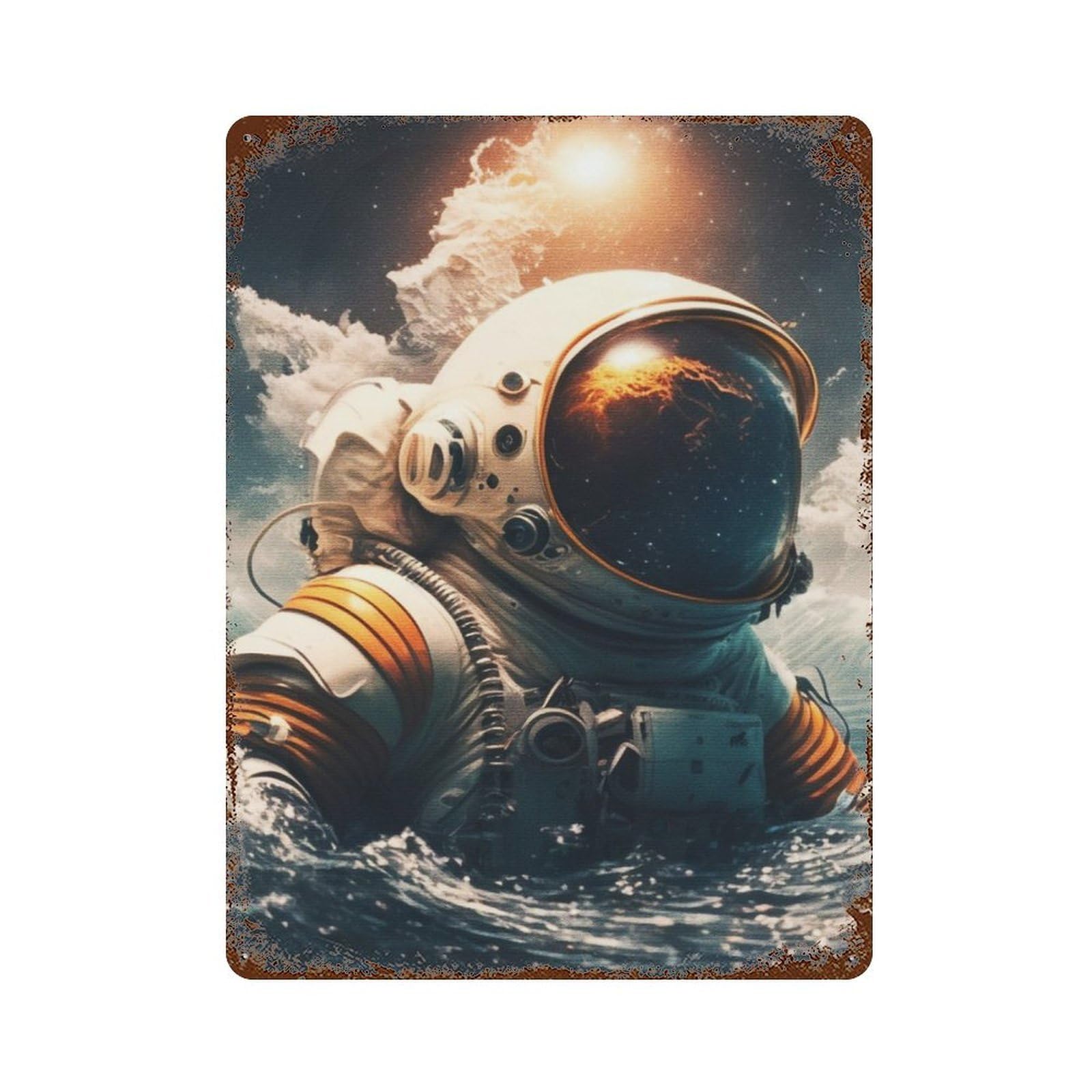 Rusty Metal Tin Sign Astronaut in Ocean 15.7"x11.8", Industrial Home Decor for Patio, Garden Room And Bar Decor