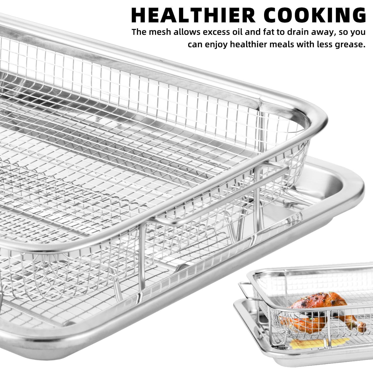QPMR Cesta de freidora de aire para horno, cesta de acero inoxidable de 18.7 x 11.8 pulgadas con 50 papeles de pergamino, cesta de freidora de aire y bandeja, bandeja antiadherente con bandeja para