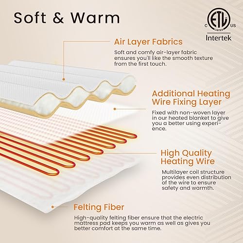 Miniatura 7 de Protector de colchón térmico tamaño Queen, protector de colchón eléctrico de doble control con 4 ajustes de calor y apagado automático de 10 horas,