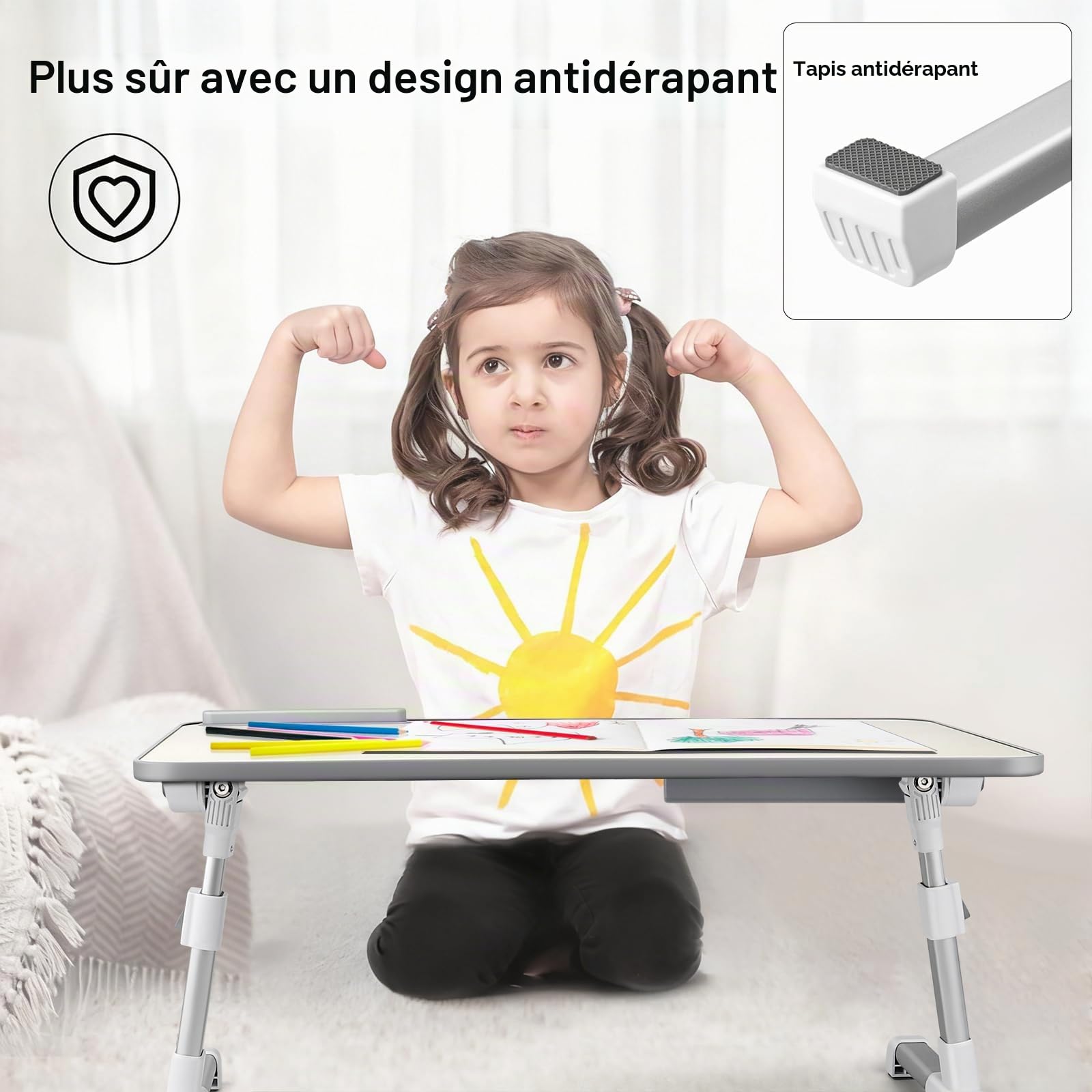 Table de Lit pour Ordinateur Portable, Pliable, Réglable en Hauteur et Angle, Plateau de Lit avec Tiroir/Fente pour Tablette, Table pour Canapé, Sol (60 x 34 cm, Beige)