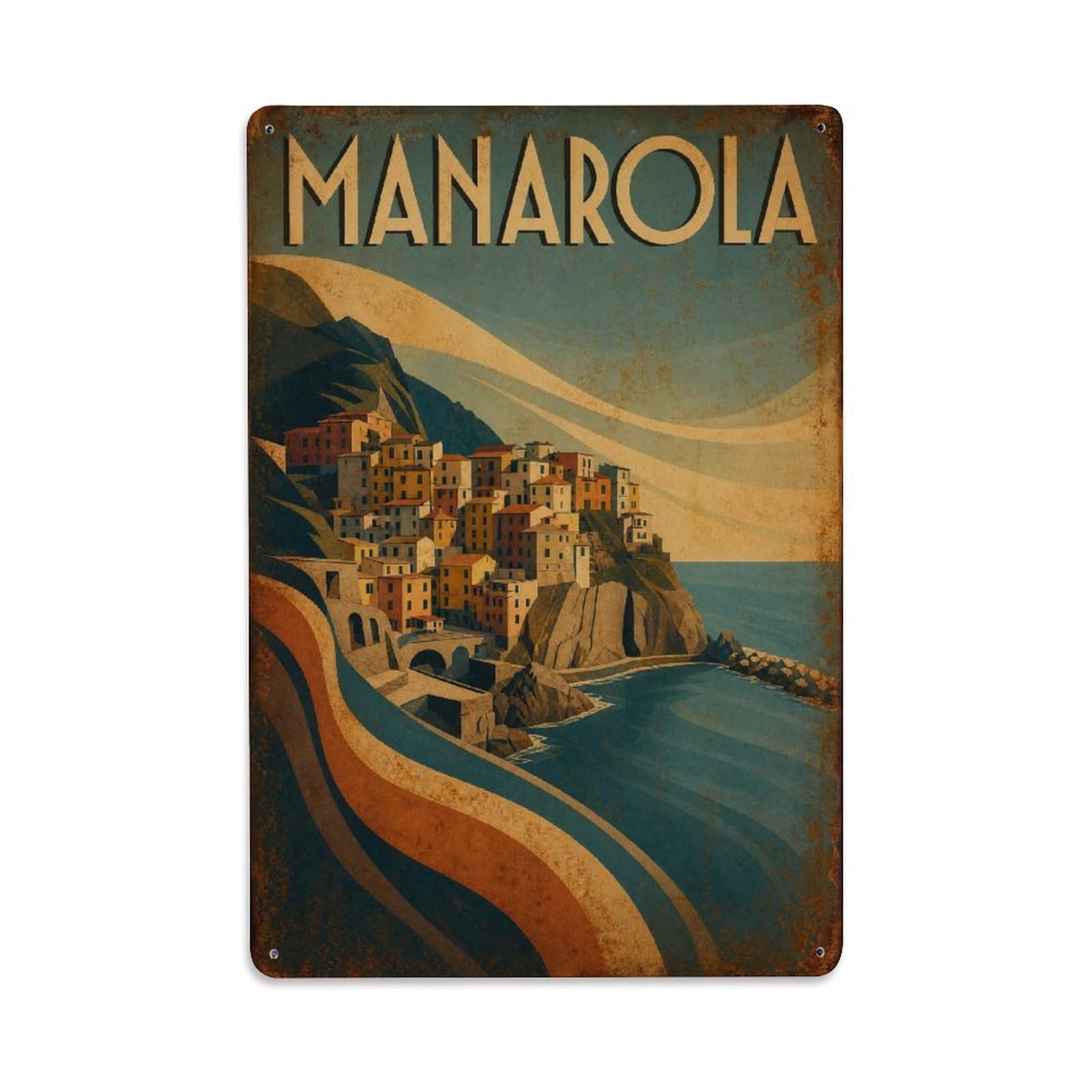 Huiyhb 8X12inch(20X30cm) Vintage Travel Manarola Coastal Village Panoramic Vista Italy Metal Tin Sign