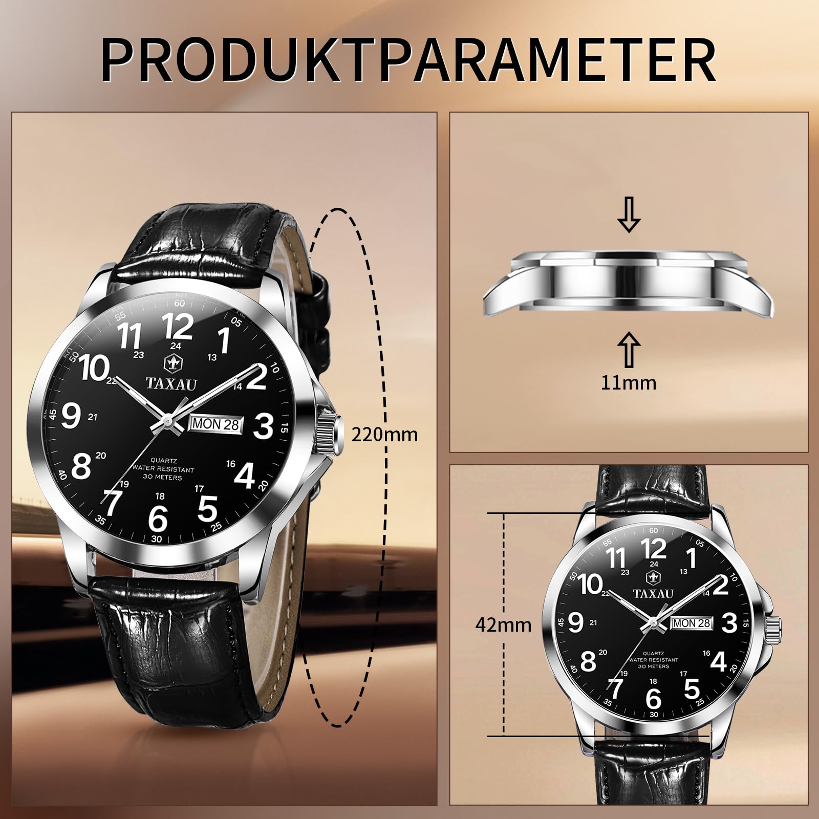 Taxau - Reloj impermeable para hombre de cuero - Reloj luminoso para hombre - Reloj de negocios con fecha de ocio