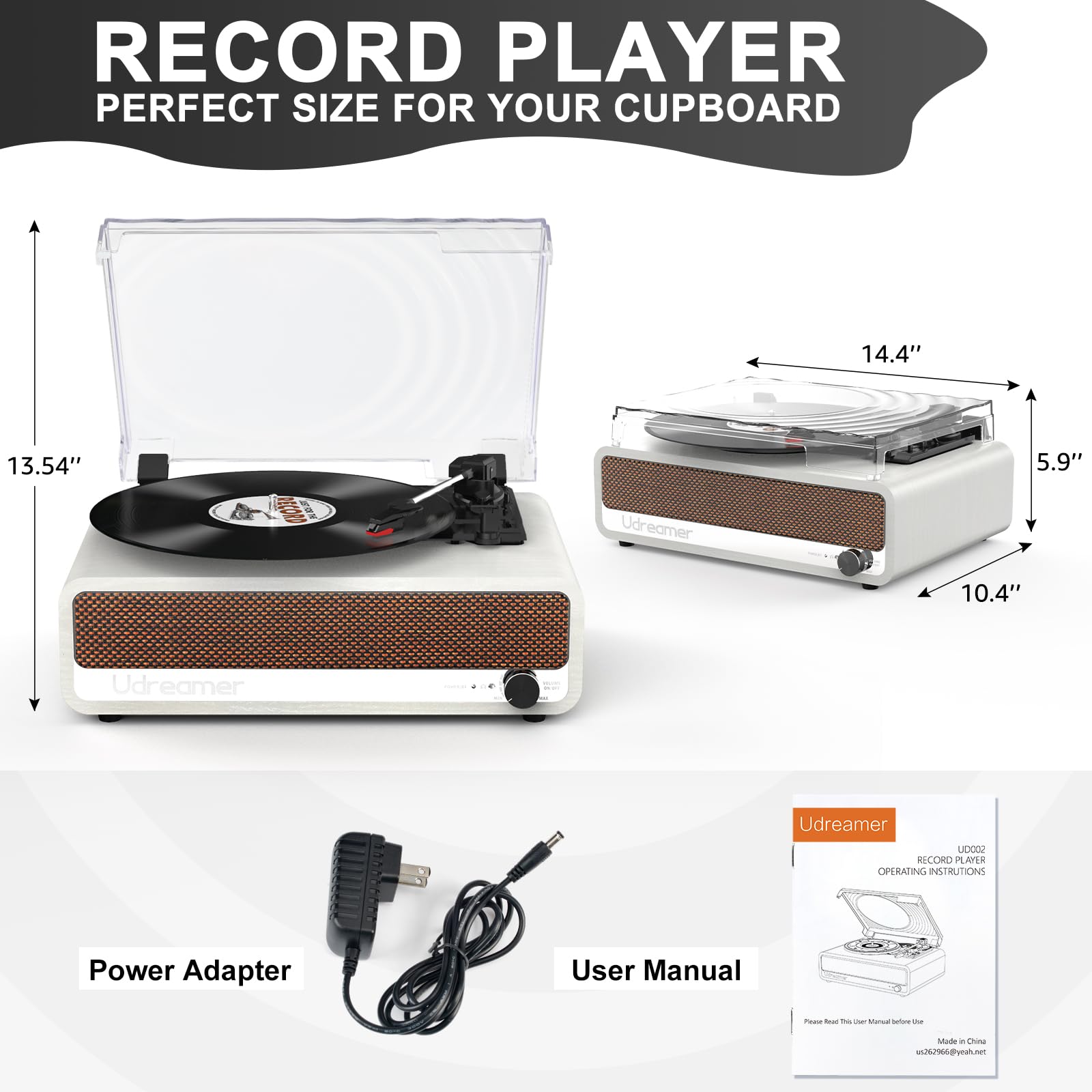 Udreamer Platine Vinyle Bluetooth Tourne Disque Support USB Aux entrée RCA Ligne de Sortie 3 Vitesses Drive Ceinture Arrêt Automatique Miroir Design Blanc