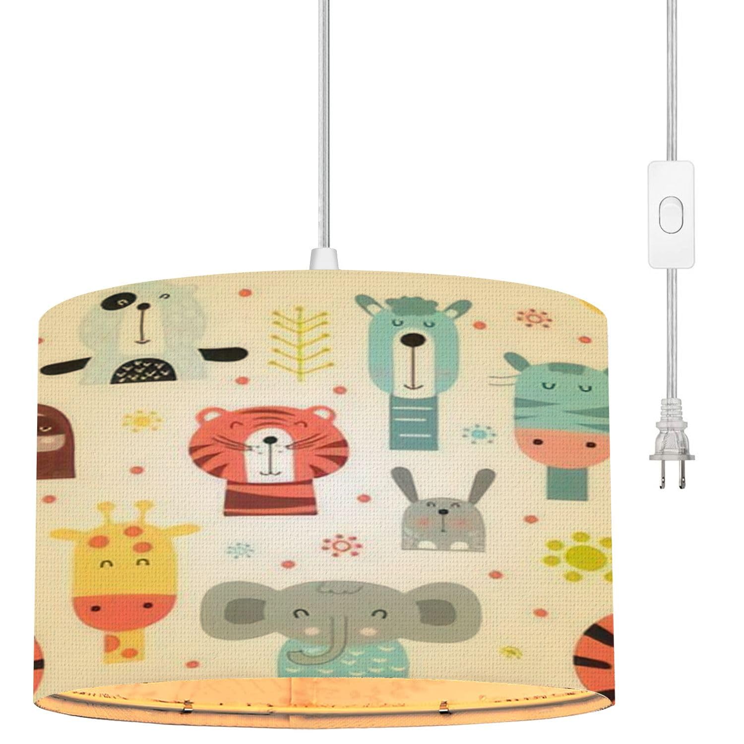 EFTOWEL Plug in Pendant Light Childish Cute Animals Scandinavian Style Boho Hanging Lamp with Plug in Cord 16.4 ft Dimmable Switch Fabric Shade Hanging Light for Living Room Kitchen Nursery Bedroom