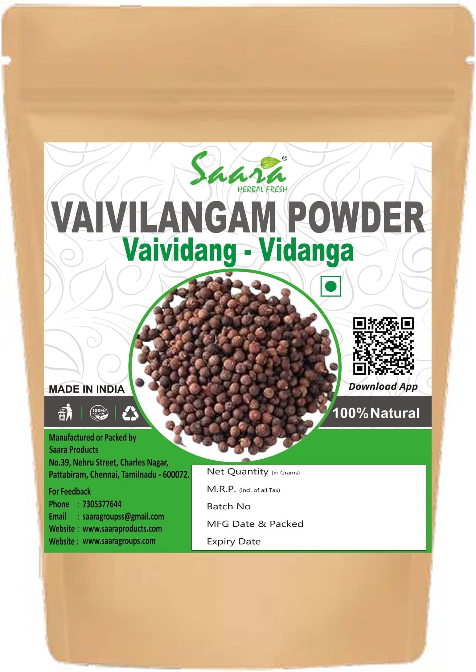 Saara HERBAL FRESH Vaivilangam Powder,100g, Baibadang, Vidanga, Embelia Ribes, Bhabhirang Powder,(Pack of 1)