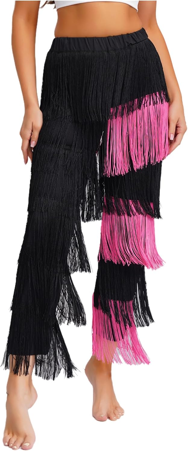 TiaoBug Womens Latin Dance Pants with Fringe Tassel Elastic Waistband for Ballroom Tango Rumba Performances