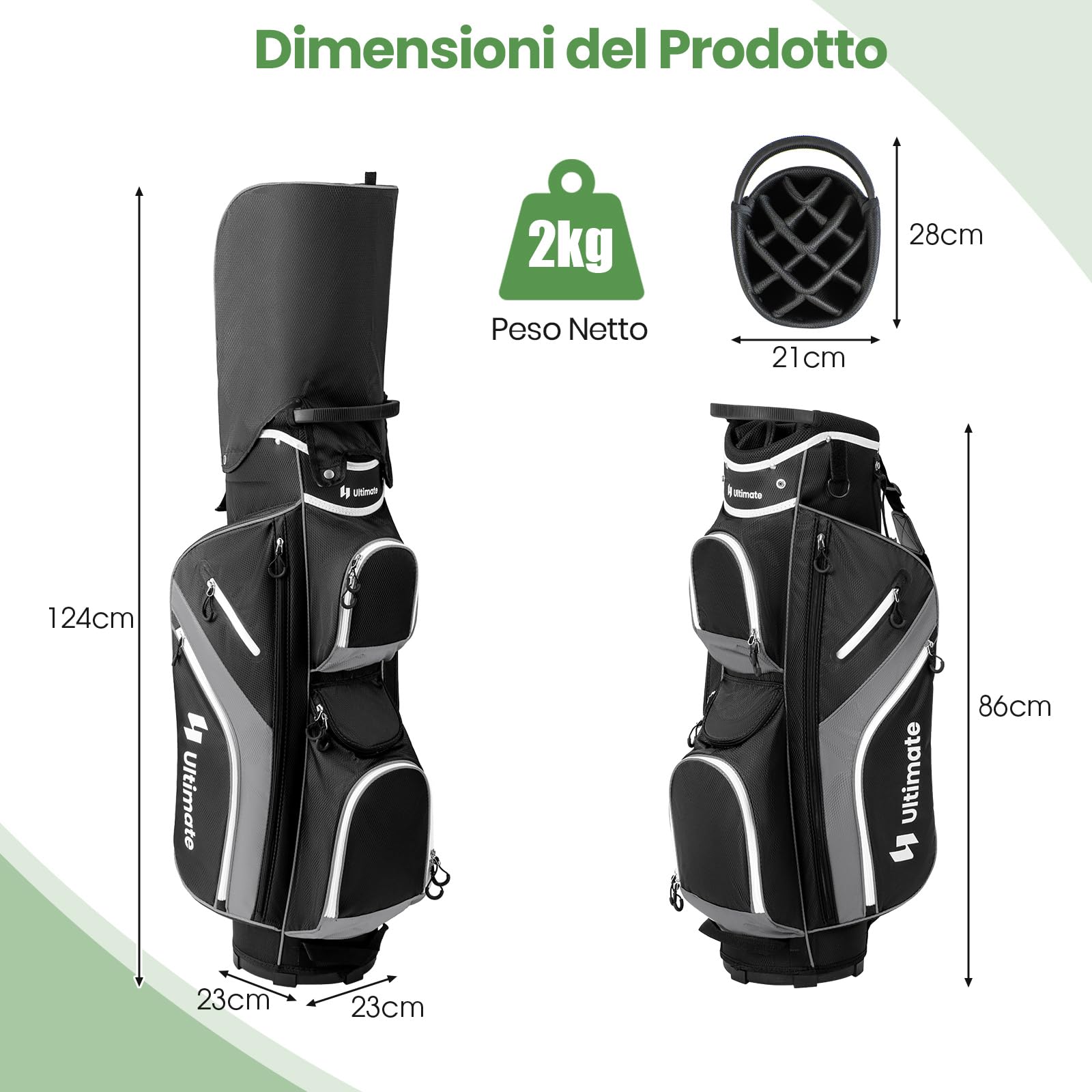 GYMAX Sacca da Golf per Carrello, con Divisori a 14 Scomparti, Borsa Termica, 2 Tasche Impermeabili, Cappuccio Antipioggia Rimovibile, Tracolla Imbottita e Maniglie di Trasporto