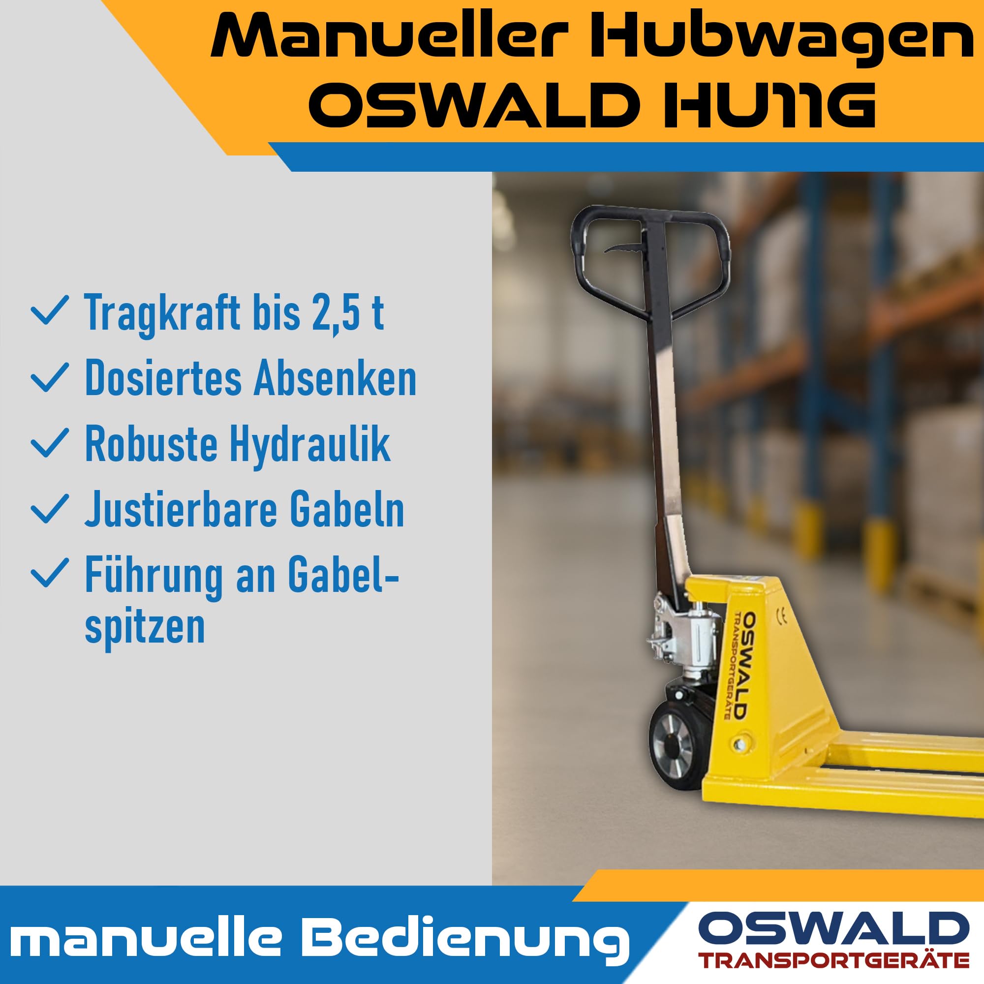 Oswald HU11G Hubwagen 2500 kg - 1150 mm Gabellänge - PU-Tandemrollen - Handhubwagen Palettenhubwagen Palettenwagen