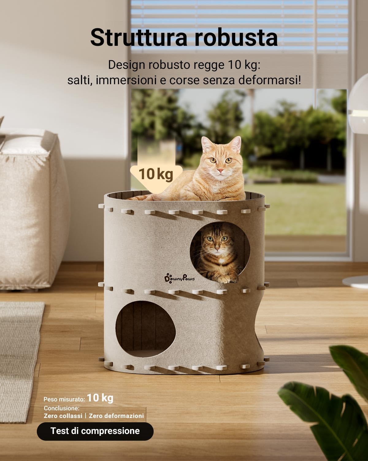 DownyPaws Cuccia per Gatti in Pelliccia, Letto a 2 Piani Casetta per Gatti 50x33x50 cm, Castello per Giocare, Design Accogliente, Protezione per le Unghie, Beige