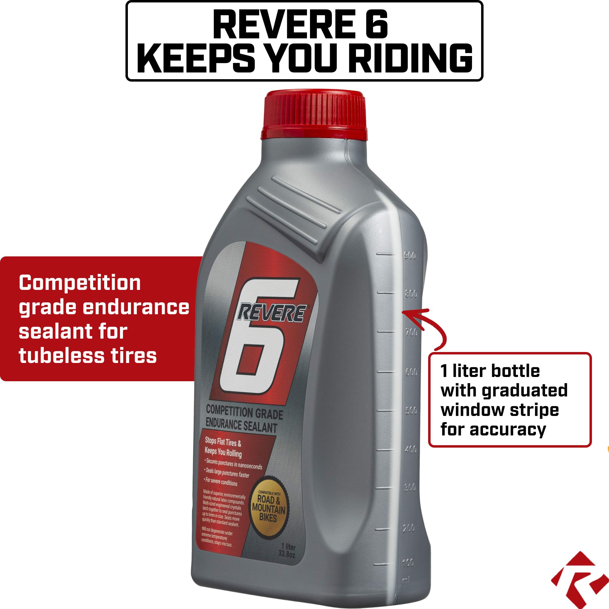 Revere 6 Premium Tubeless Tire Sealant, 32oz Bottle – Competition-Grade Puncture Protection for Road, Mountain, and Gravel Bikes – Fast-Sealing Formula.