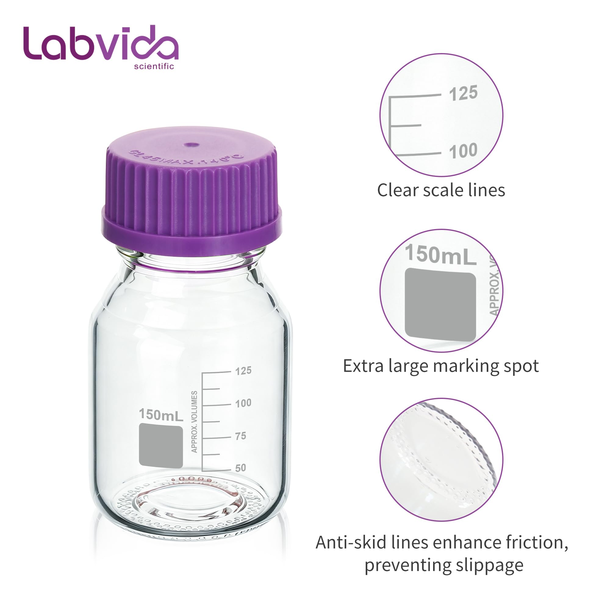 6 bottiglie rotonde da 150 ml, con tappo a vite GL45 in viola, 3,3 bottiglie di reagenti in borosilicato per laboratori, scuole e bottiglie di vetro per uso domestico, LVAD012