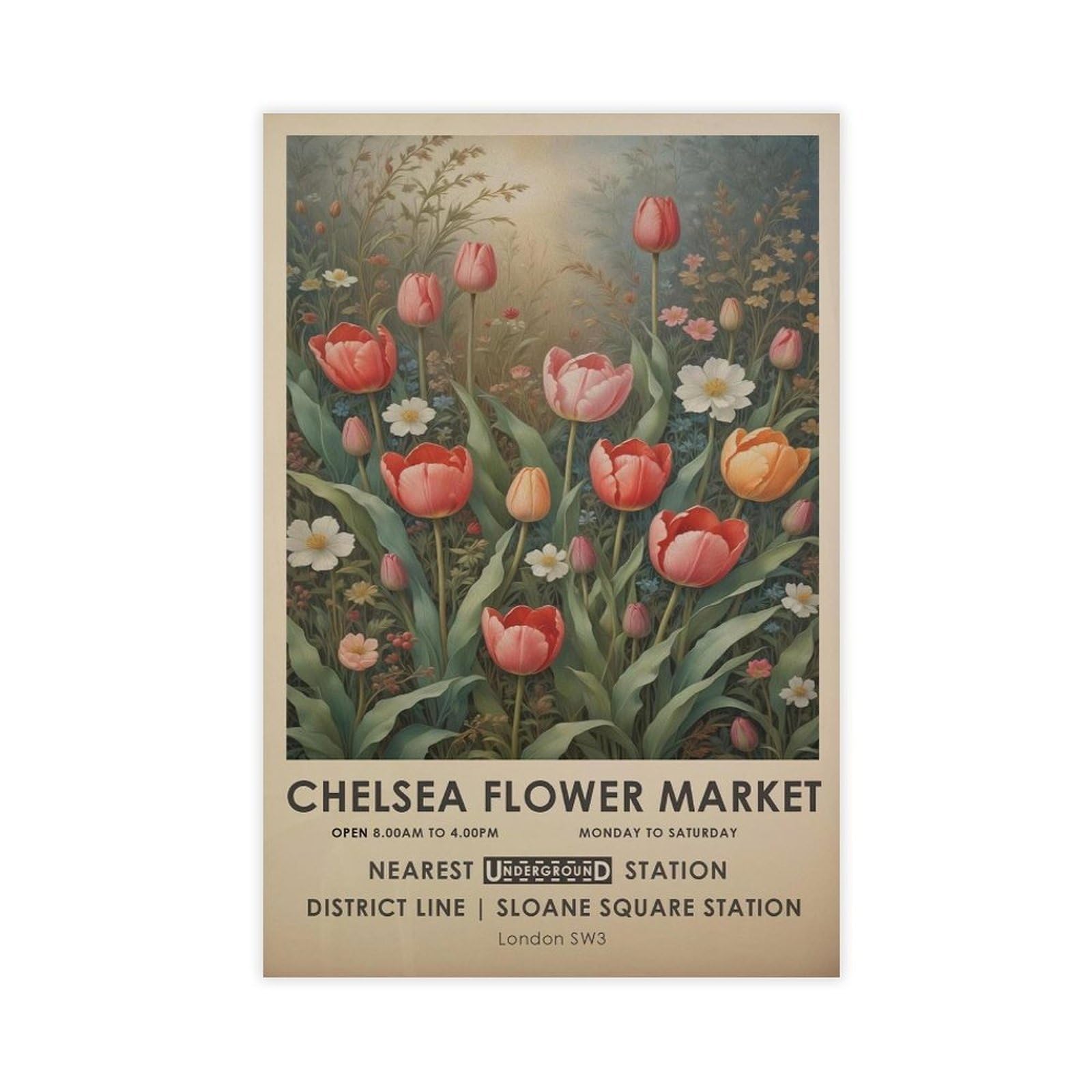 Chelsea Flower Market Print, William Morris Print, Vintage Red Floral Print, Tulips Flower Botanical Print, Botanical Wall Art, Floral Gift Canvas Poster Wall Art Decor Print Picture Paintings for Liv