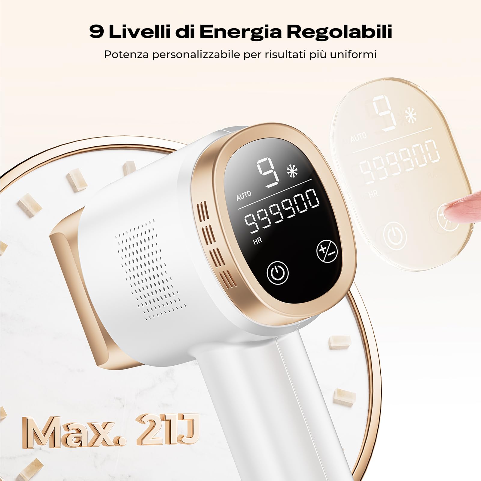 21J Epilatore Luce Pulsata con Raffreddamento a Ghiaccio 8°C,Epilatore Laser a 9 Livelli e Luce Rossa 600NM,Epilatore a Luce Pulsata Touchscreen per Uomini,Donne,Viso,Braccia,Zona Bikini,Corpo