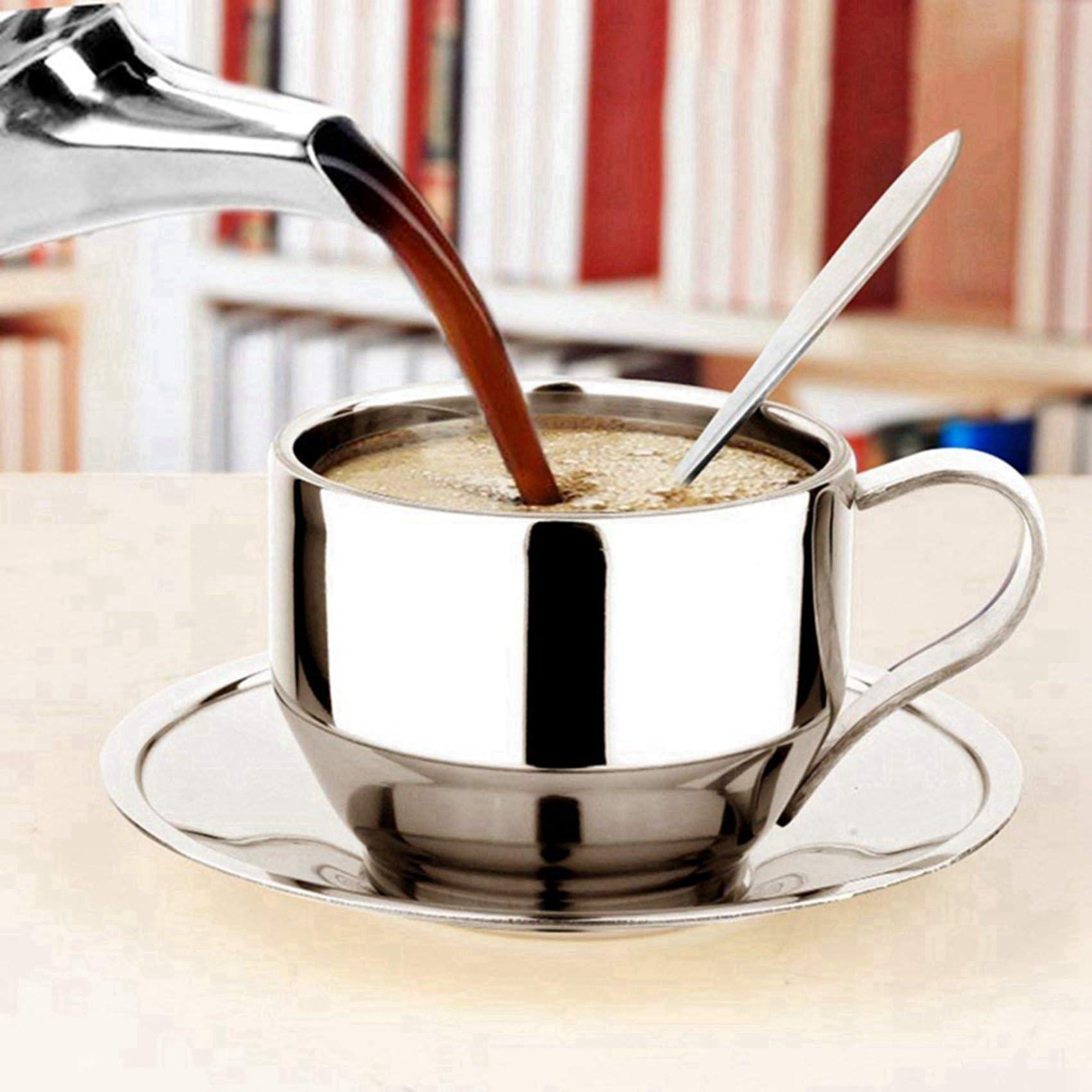Juego de Tazas de Café con Aislamiento - Tazas de Café Espresso de Doble Pared de Acero Inoxidable de Té de Capuchino con Leche con Platillo Y Cuchara 125 Ml (Juego de 6)