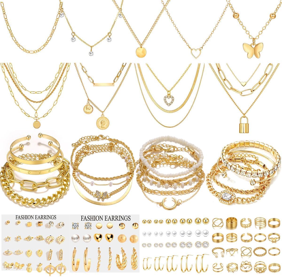 139pcs Gold Jewelry Set Costume Jewelry With 11 PCS Necklace, 16 PCS Bracelet, 90 PCS Stud Hoop Earring 22 Pcs Rings for Women Friendship Gift Set