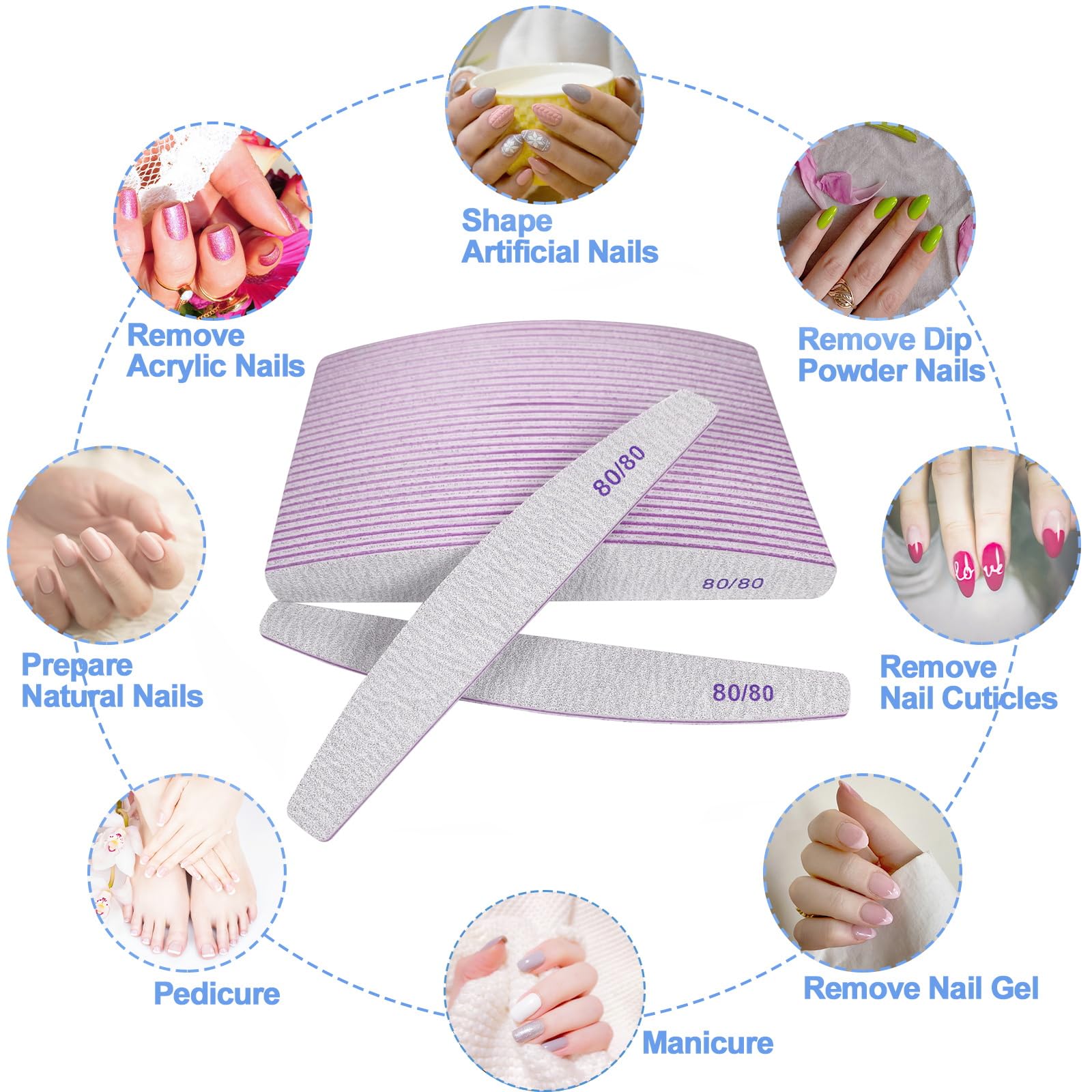 Limas de uñas de grano 80/80 (24 piezas), limas de uñas para uñas acrílicas y uñas de gel, tableros de esmeril de grano 80 de doble cara para uñas, lima de uñas profesional, reutilizable, lavable