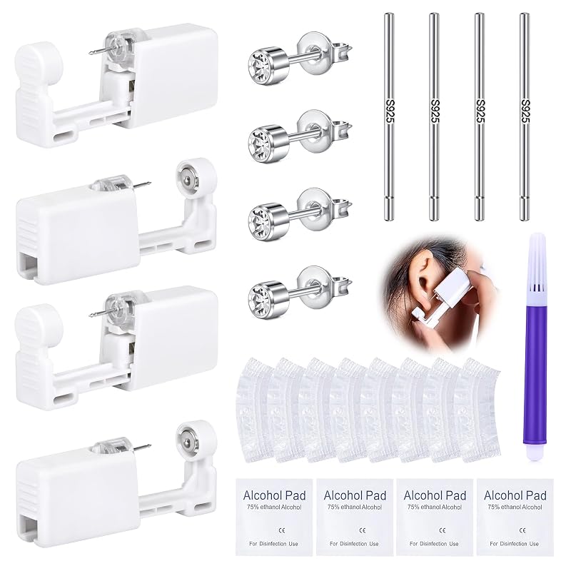 DJCIW Kit para piercing de orelha com 21 peças, 4 pistolas descartáveis e acessórios