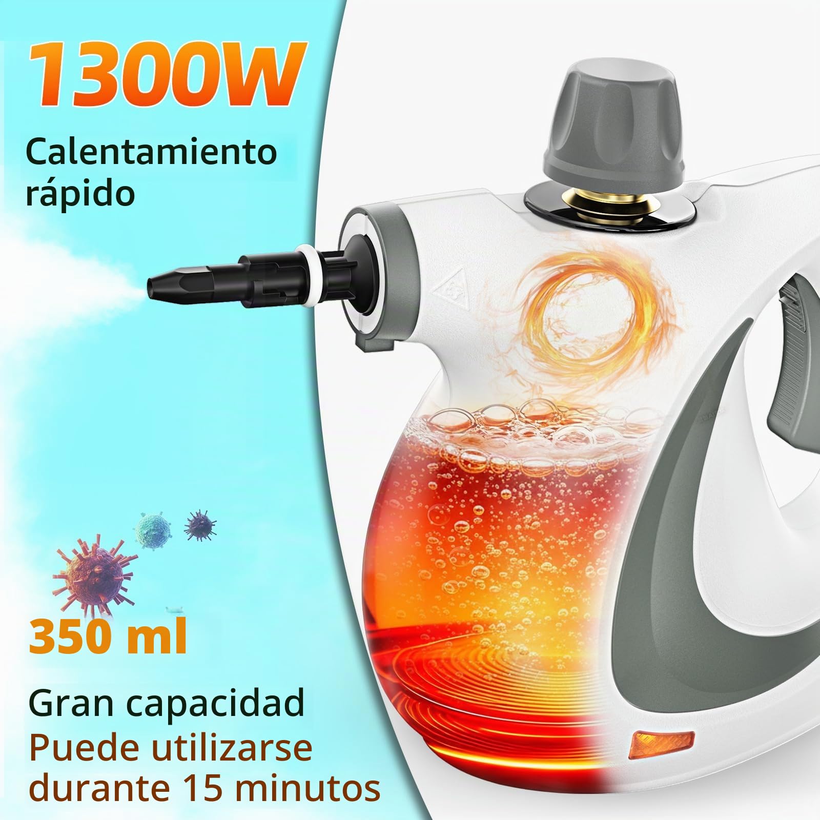 Limpiador a vapor, limpiador a vapor de mano para el hogar multiusos con accesorios de 12 piezas, presión de vapor de 3,5 bares, 350 ml, 1050 W, limpiador de vapor sin químicos, limpieza de cocina