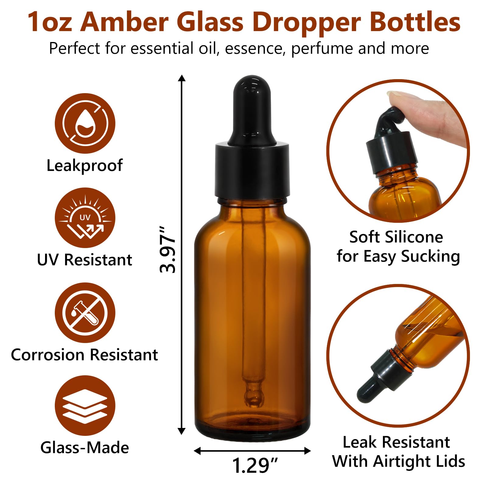 KEYWING Paquete de 60 botellas cuentagotas de 28.3 g para aceites esenciales con cuentagotas de vidrio largo, botellas de vidrio ámbar de 30 ml para líquidos