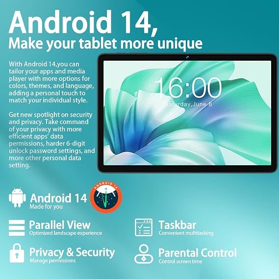 Tablet 10 Inch Android 14, Metal Body, 22GB RAM + 128GB ROM (Expandable to 2TB), Octa-Core 2.0GHz, 8000mAh, WiFi 5G, Widevine L1 – with Keyboard, Mouse & Case – Dark Grey