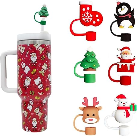 6Pcs Christmas Straw Cover Cap for Stanley Cup, 10mm 0.4in Stanley Accessories Xmas Straw Toppers Cap with 30&40 Oz Tumbler with Handle Dust-Proof Reusable Straws Tips Lids for Christmas Gifts