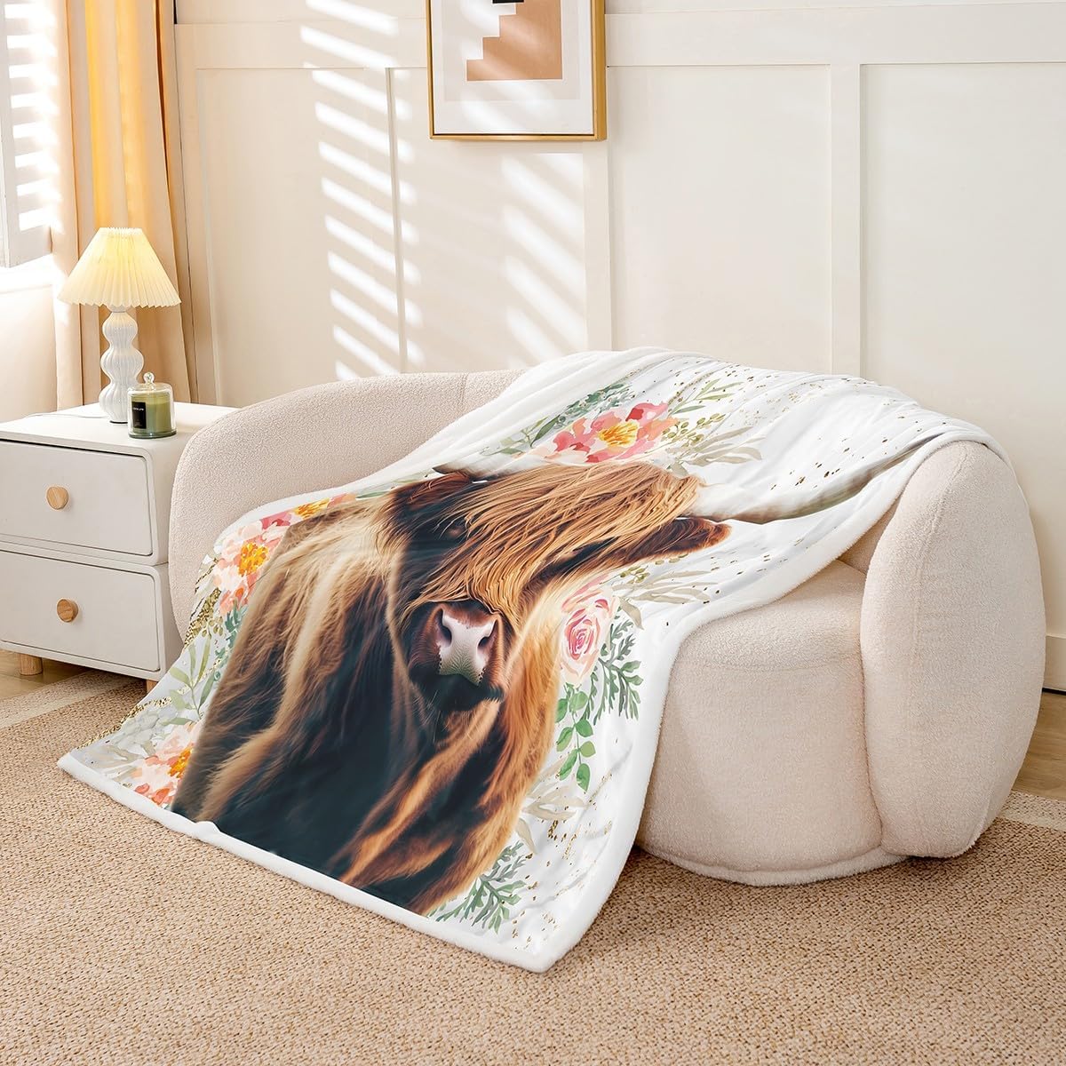 Erosebridal Highland Cow Fleece Throw Blanket - 60"x80" Rose Flowers Bed Blanket for Kids, Child Girls - Wild, Rustic Farmhouse Crib Stroller Decor