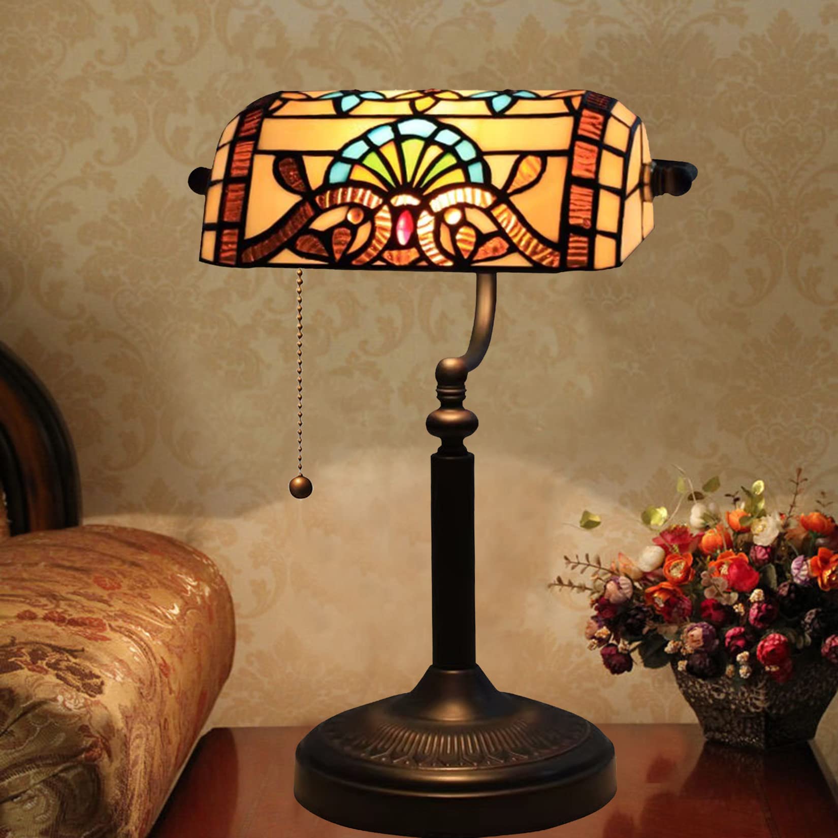 AIBOTY Green Glass Bankers Desk Lamp, Antique Tiffany Stained Glass Reading Table Lamps with alloy Base, Traditional Library Lamp with Pull Chain, Vintage Desk Lamp for Office Study Room,F