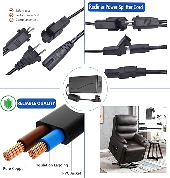 Dual Motor Power Kit - Universally Power Cord for Recliner Chair - 2-Pin 29V2A Adapter with Extension L and Y Splitter Extension Cord Shape Cable Cord for Lift Chair, Recliner Sofa, Recliner Couch