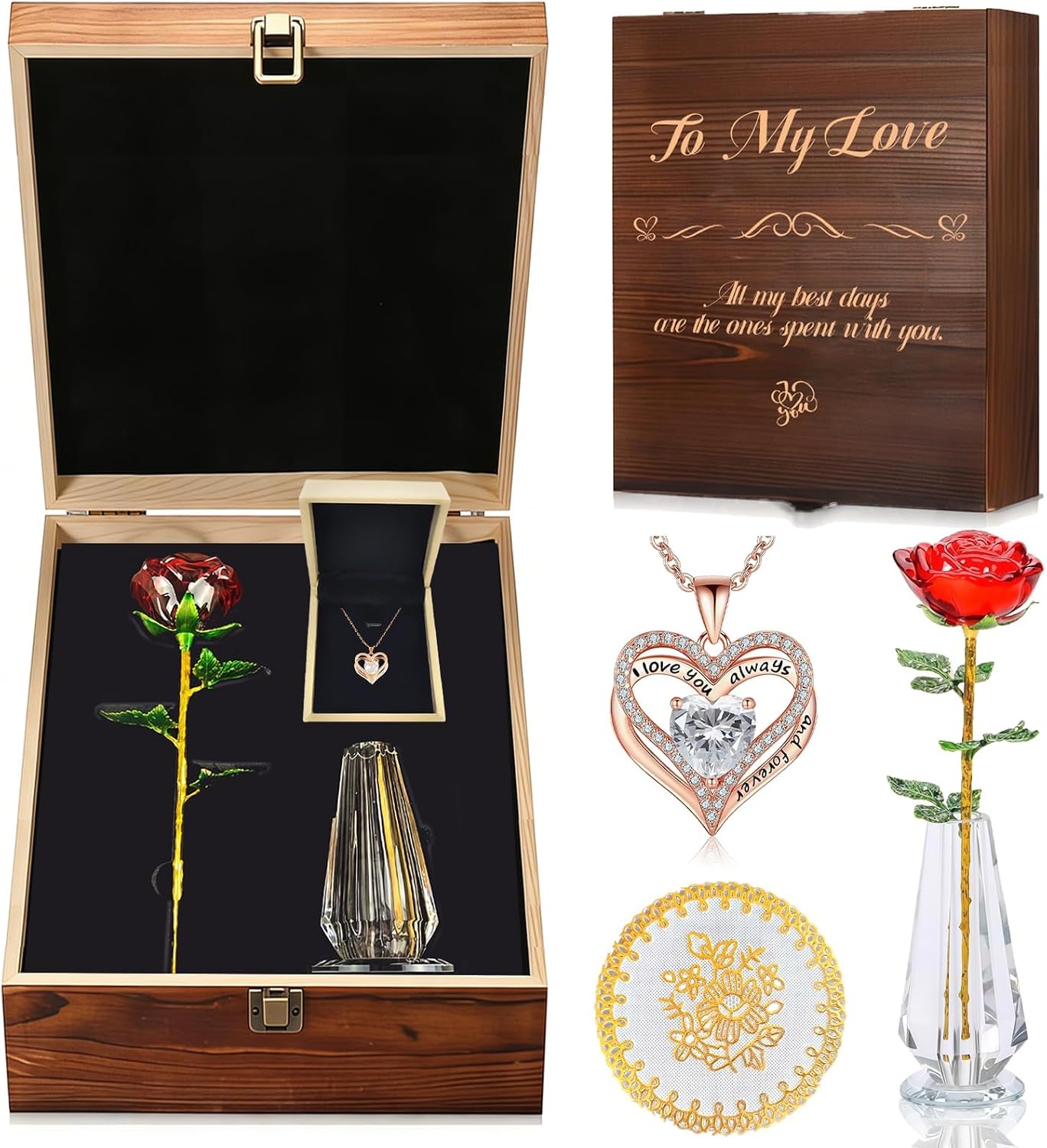 Anniversary Birthday Gift for Women, Crystal Rose Figurine Decor with Necklace, Romantic Glass Flower Ornament with Vase, To My Love Wooden Gift Box for Women Mom Girlfriend