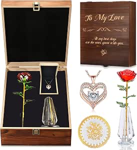 Crystal Rose Figurine with Necklace Gift for Women - Birthday & Anniversary