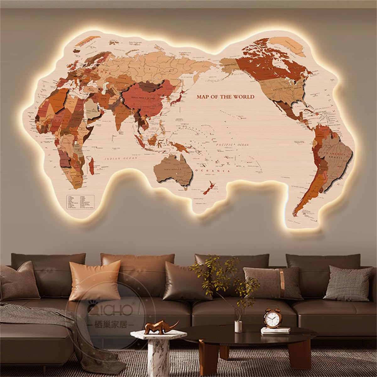 Mapa del mundo de madera 3D con iluminación LED, decoración del hogar y rastreador de viaje, idea de regalo moderna y única