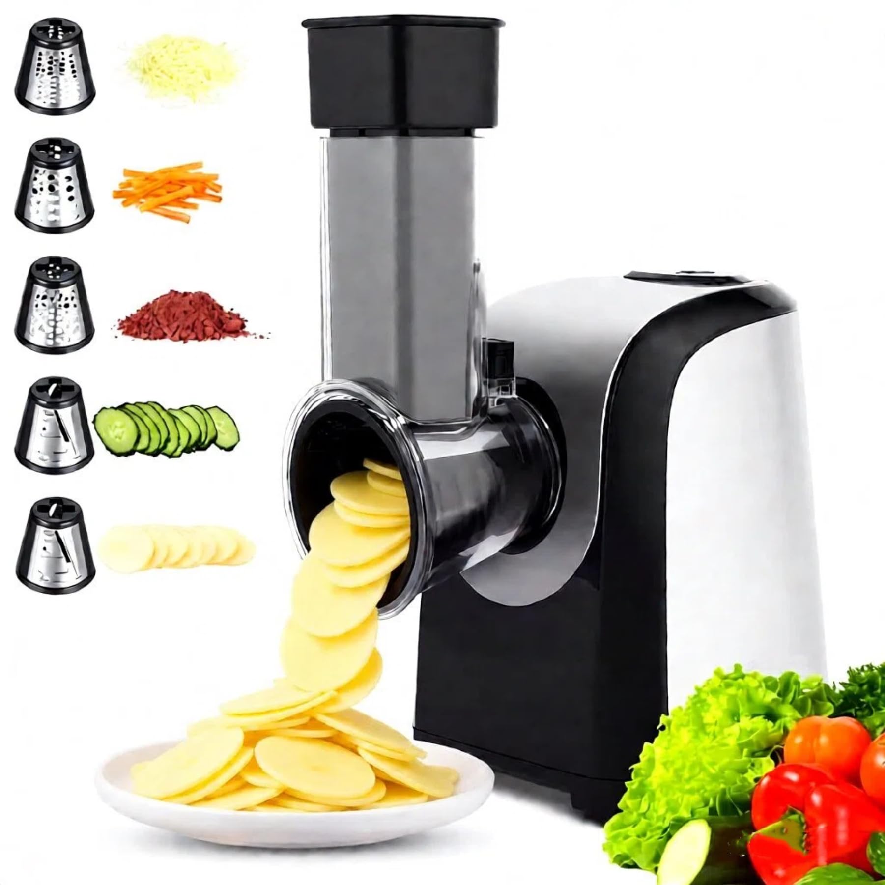 COOCHEER Râpe Électrique 150W - 5-en-1 Multifonctions | Coupe-Légumes avec 5 Disques | Pour Fruits, Légumes, Fromage | Compatible Lave-Vaisselle,Argent