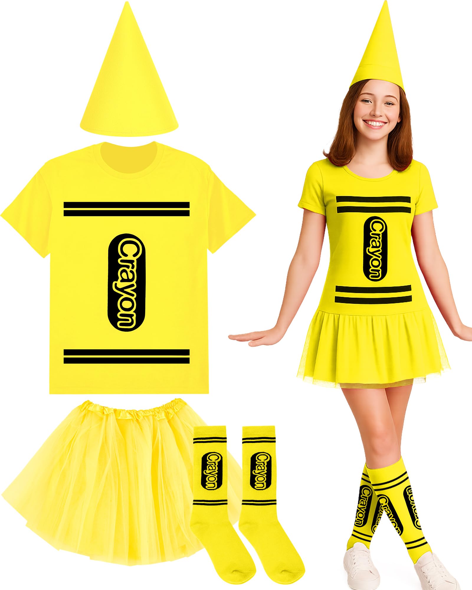 Coume Halloween Crayon Costume Set Crayon T Shirt Tutu Hat Sock Halloween Group Team Funny Shirt Tutu for Women Cosplay, Yellow, XL