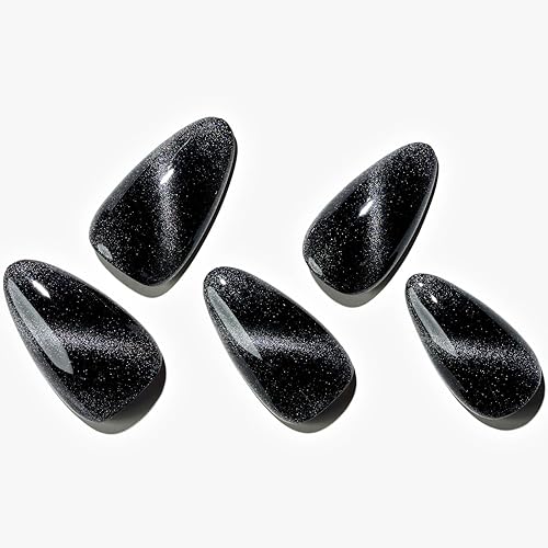GLAMERMAID Black Cat Eye Press on Nails Medium Almond, Handmade