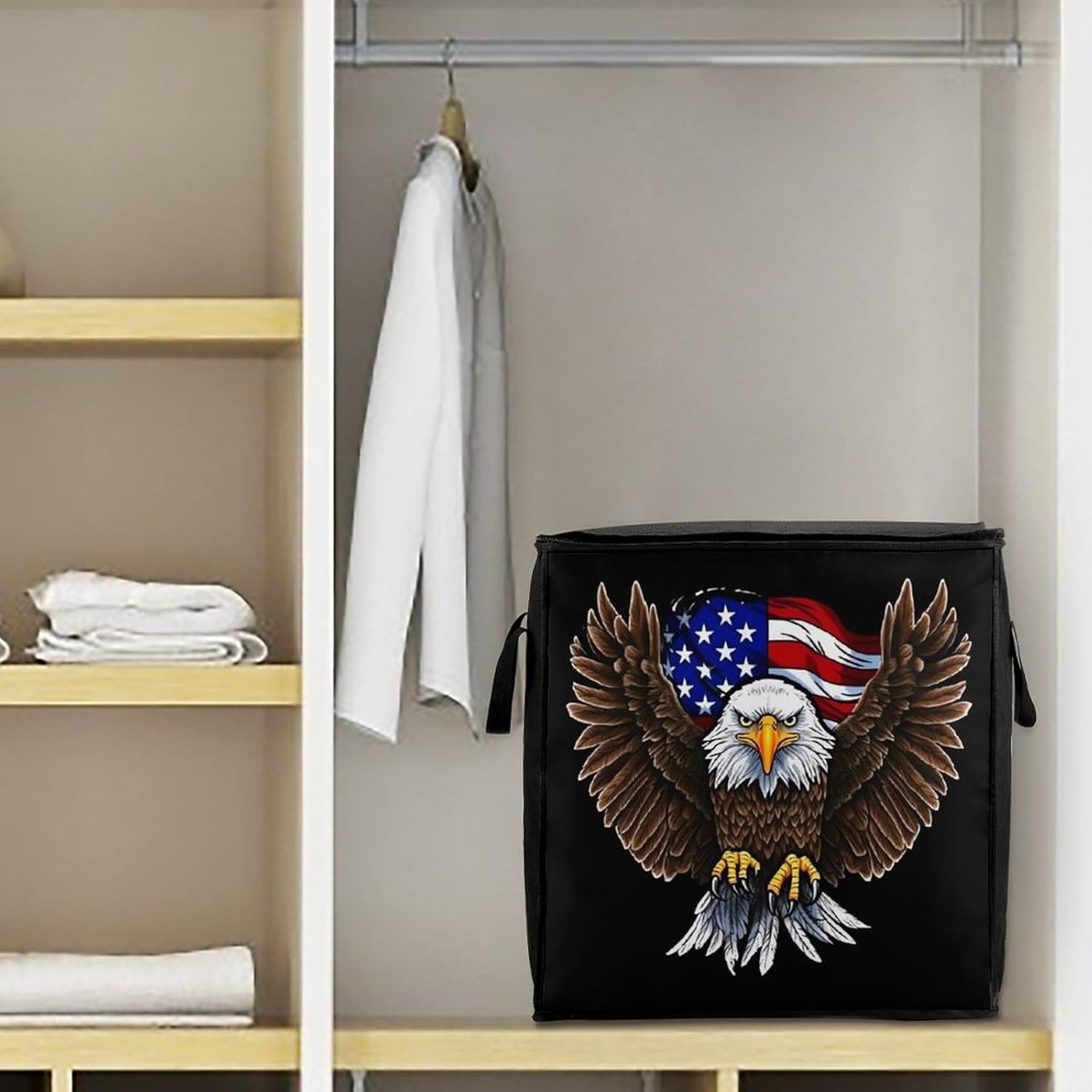 Quilt Storage Bag,USA Flag Patriotic Eagle Printed Large Foldable Storage Container Portable Travel Storage Bag for Blankets, Quilts, Clothes, Comforter, Bedding And Pillows