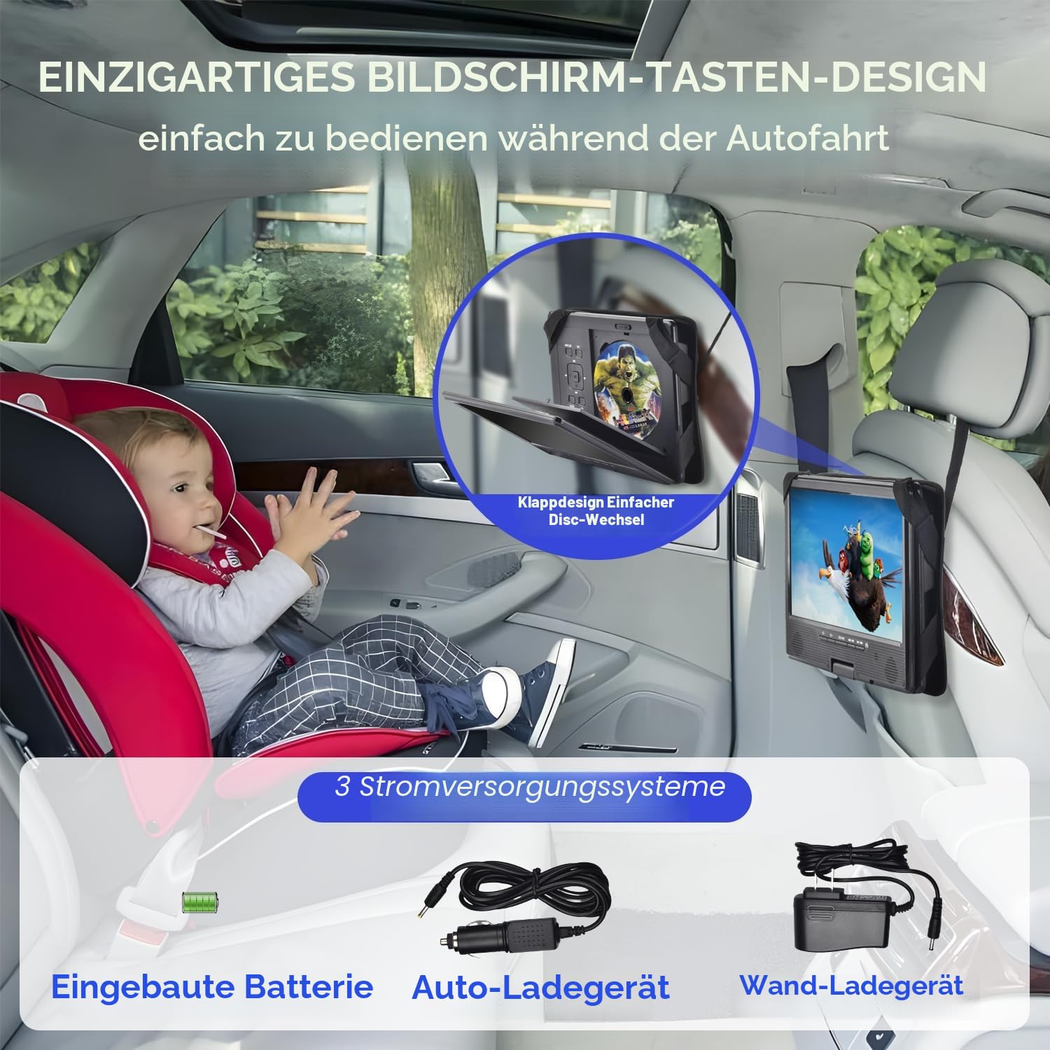 YOOHOO 12,5" Tragbarer DVD Player Bluetooth mit 10,5" HD Bildschirm für Kinder,für unterwegs,Auto Fernseher für kopfstütze, alle Regionen kostenlos, Wiedergabe Aller Formate MKV/MP4/WAV/CD/1080P