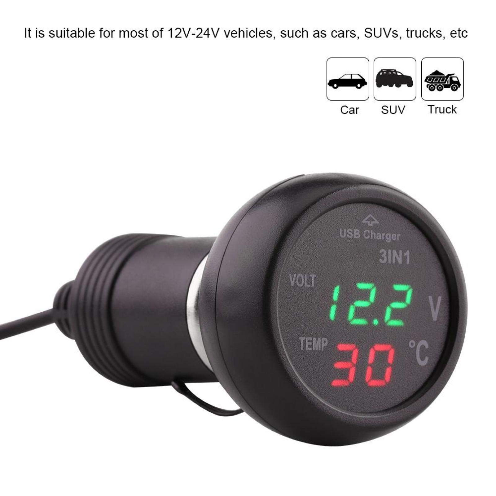 Testeur de moniteur de température de tension numérique KIMISS, camion de voiture 3 en 1 double affichage LED voltmètre thermomètre allume-cigare USB chargeur de voiture pour SUV (Vert + rouge)