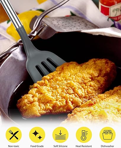 Miniatura 5 de Juego de 2 espátulas de silicona para wok, sólidas y ranuradas, antiadherentes, sin BPA, resistente al calor, mango de acero inoxidable, utensilios