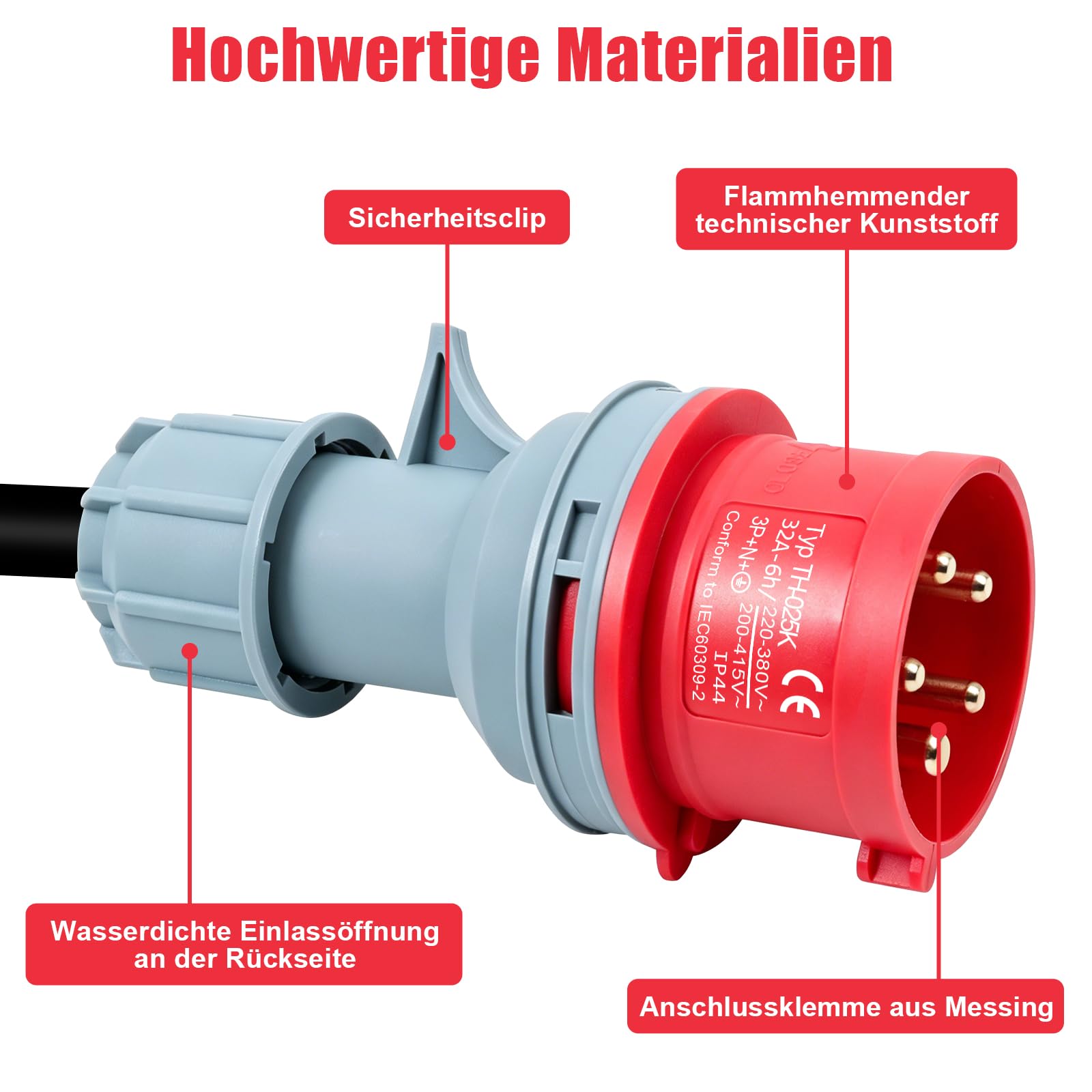 Adapter 32A a 16A, CEE Adapter 32A Stecker auf 16A Kupplung, Starkstrom Adapter 3 Fases con VED 0,5m, Núcleo de cobre 5x2,5mm², 415V máx, IP44 para industria, hogar y carga de vehículos eléctricos