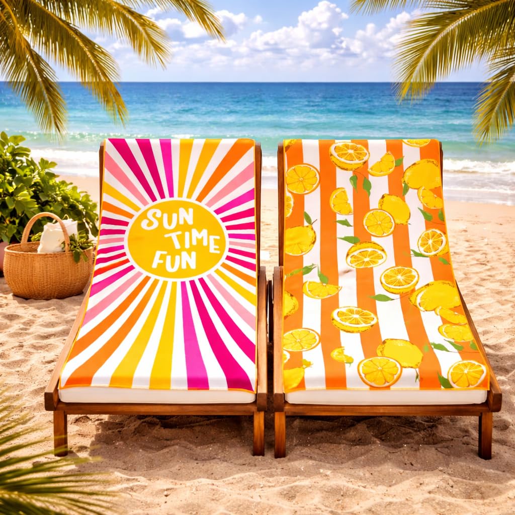 Adore 2 Pack Microfibre Beach Towels 70x140cm - Sand Free Lightweight Quick Dry - Soft Travel Towels for Beach and Pool, Sun Time Fun and Lemons